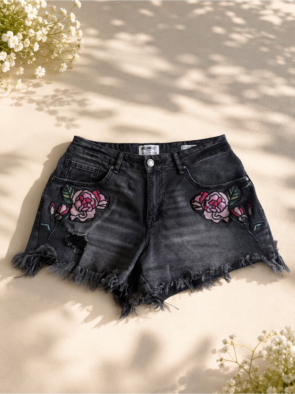 William Rast Black Denim Shorts with Pink Rose Embroidery